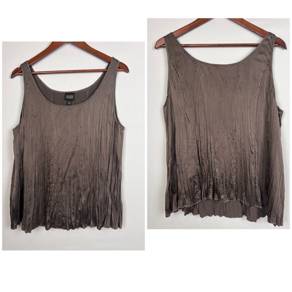 Eileen Fisher Womens Taupe Crinkled Silk Tank Top L Sleeveless Blouse Scoop Neck - Picture 7 of 9